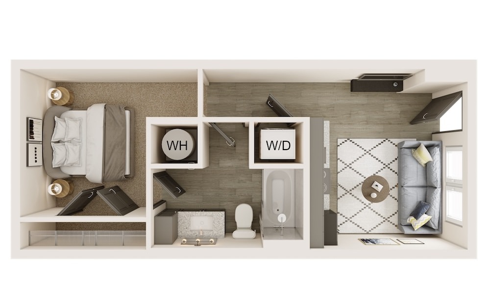 A0 - Studio floorplan layout with 1 bath and 438 square feet.