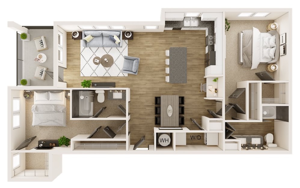 B2U - 2 bedroom floorplan layout with 2 baths and 1284 square feet.